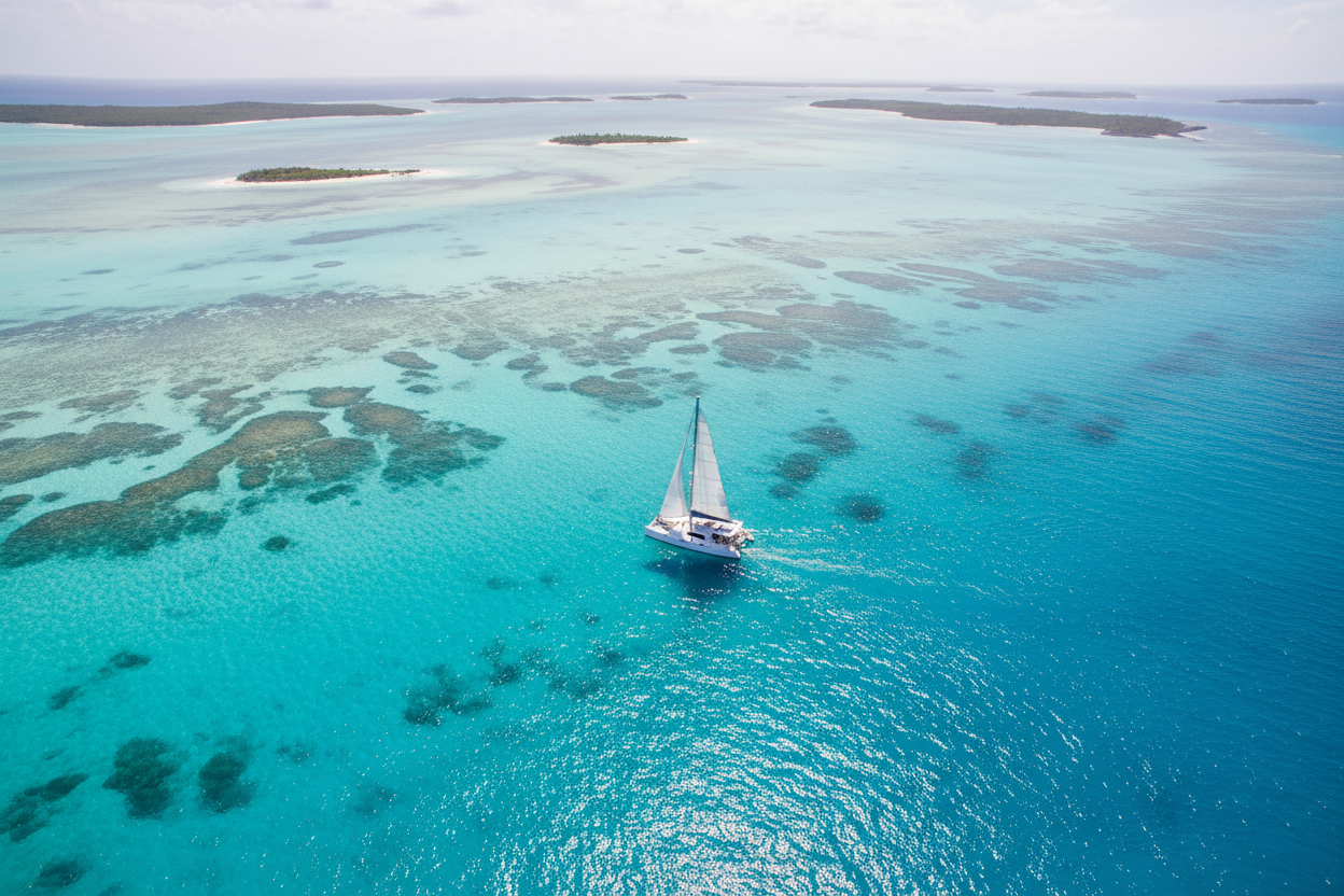 Drone shot of catamaran far away in bahamas